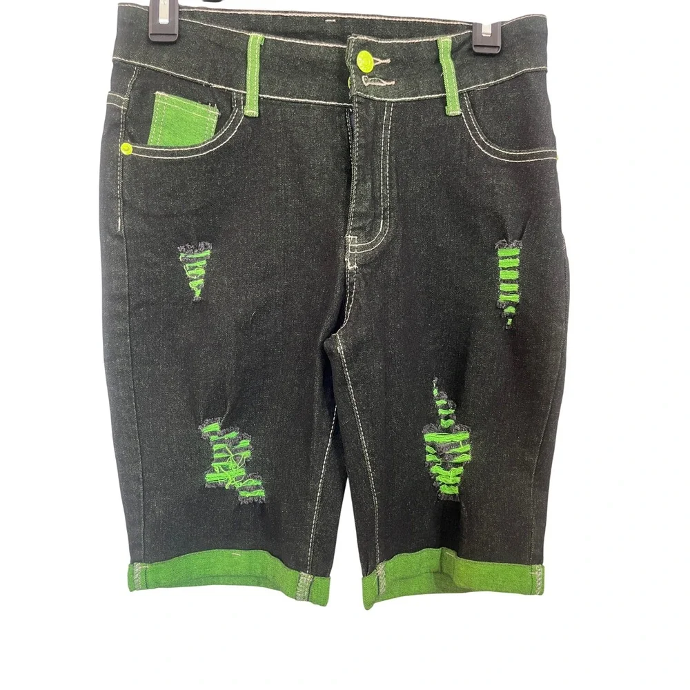 Kids Distressed Denim Shorts Black Lime Green‎ Neon Contrast Cuffed Size L